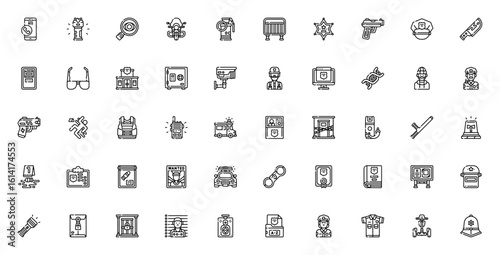 Police icon set. Law enforcement vector collection. Includes symbols for 911 call, stun gun, badge, handcuffs, police car, crime scene, SWAT, sheriff, baton, siren and more. Editable stroke.