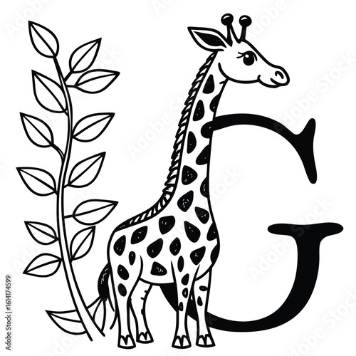 Tall giraffe stretching through letter g with leaves and floral elements