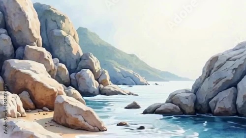 Stunning coastal landscape video with turquoise water washing over rocks and sandy beach, perfect for travel inspiration or nature themes