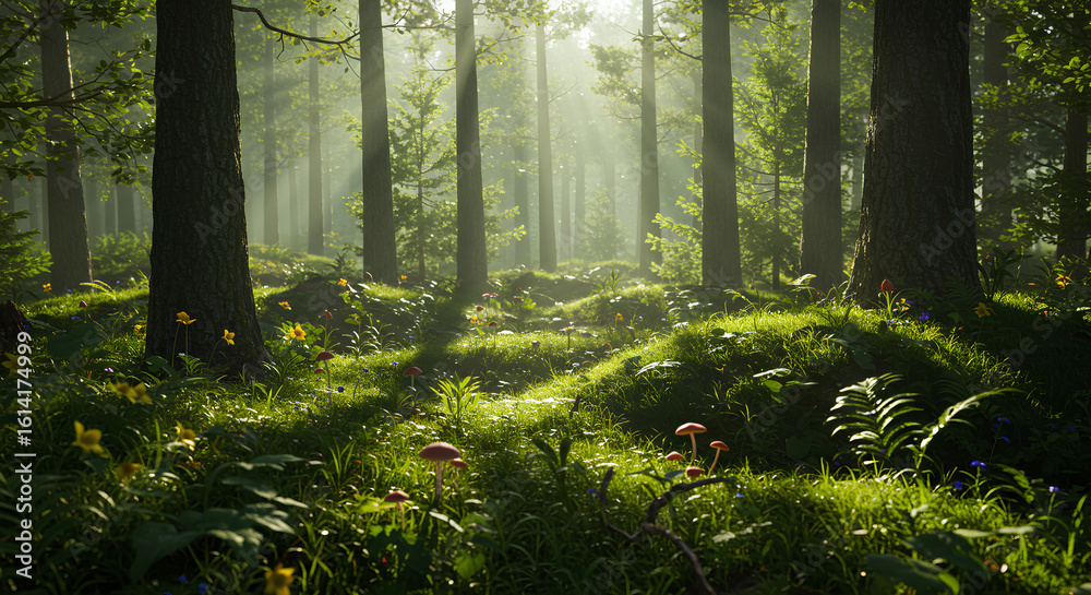 Obraz premium an ultra-realistic image of a dense forest, with tall trees and lush foliage in varying shades of green; sunbeams filtering through the treetops, creating light and shadow effects..