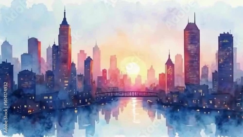 Dynamic watercolor video of a stunning city skyline at sunset with vibrant reflections and a peaceful, ethereal atmosphere and a bridge