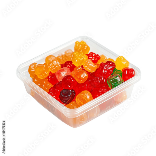 Multicolored jelly candies in a clear plastic container, bright fruity sweets on a transparent background