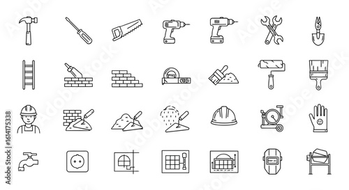 Vector art of a collection of construction and diy tools and equipment, presented in a clean line art style