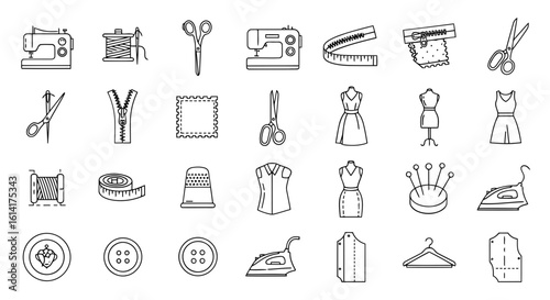 Vector art of a collection of handdrawn sewing and tailoring icons, including a sewing machine, thread, scissors, and fabric