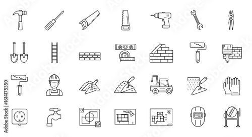 Vector art of a collection of construction and diy tools and equipment, presented as line art icons on a white background