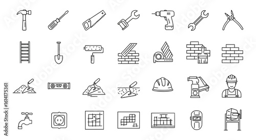 Vector art of a collection of construction and diy tools and equipment, including a hammer, drill, and bricks