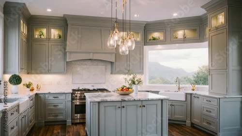 Elegant kitchen design featuring custom gray cabinets and marble countertops island