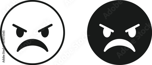 Two angry emoticon faces one white with black outline and one solid black on white background