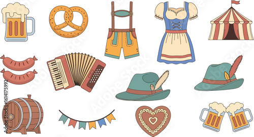 A collection of oktoberfest themed illustrations including beer, food and clothing items