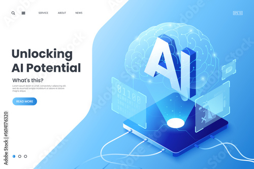 Futuristic vector isometric illustration of AI technology, featuring a glowing brain, digital interface, and 3D "AI" letters. Concept for artificial intelligence and innovation. Ideal for web page.