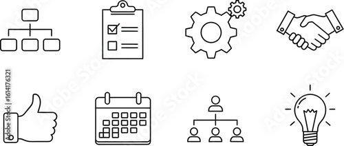 Illustration of organization chart clipboard gear handshake thumbs up calendar and lightbulb