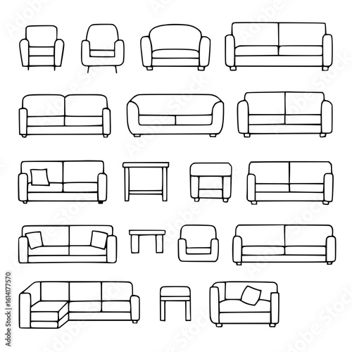 Furniture stroke's top view. Floor plan icons set for business and architectural designs. Furniture thin line icon in top view for layout.