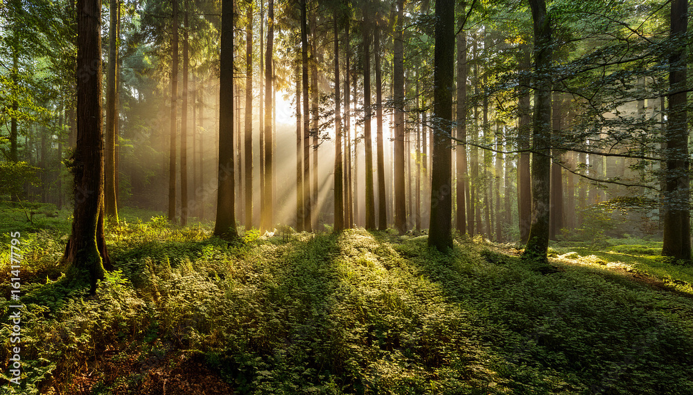 Obraz premium sunlight streaming through tall trees in lush forest during early morning hours