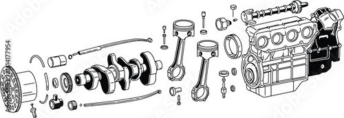 Minimal Exploded View of Internal Combustion Engine Parts Silhouette