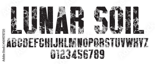 Chopped simple font on the theme of urbanism, stone, granite. Set of letters and numbers of the latin alphabet. No ai used