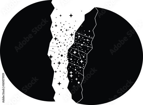 Surreal Cracked Moon Egg Spilling Stars Minimalist Vector