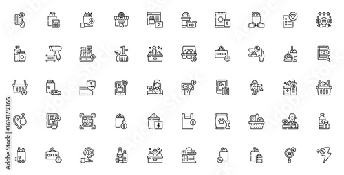 Grocery icon set. Minimal vector icons pack. Includes payment method, calculator, buy, online shop, canned food, snacks, grocery bag, checkout, seafood, meat, bakery and more. Editable stroke.