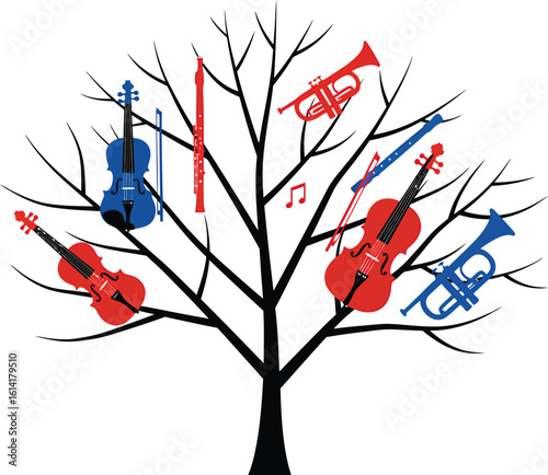 Minimalist Vector Art: Musical Instruments on Tree Branches