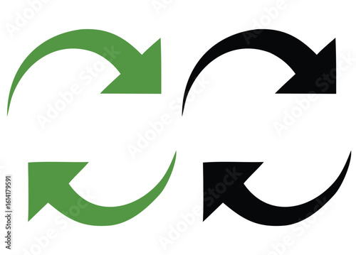 Curved Loop Arrows Icon Set: Green and Black Symbols for Refresh, Exchange, and Cycle Actions

