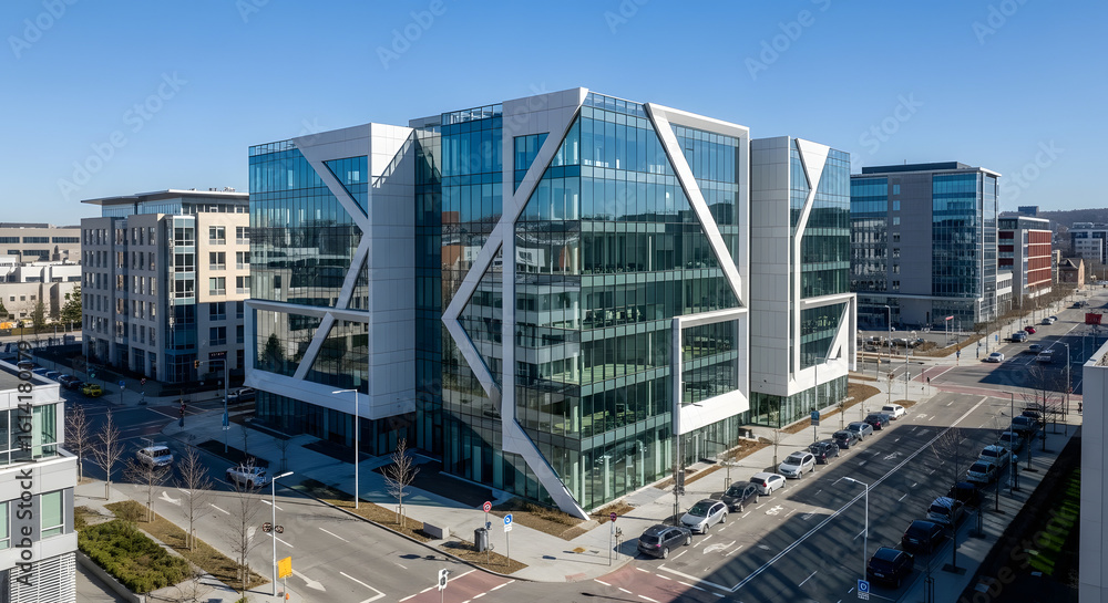Fototapeta premium Contemporary office building with geometric glass panels in a clean urban environment, sunny day.