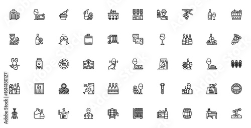 Winery icon set. Minimal vector icons pack. Includes symbols for wine, vineyard, fermentation, barrel, tasting, glass, grape, harvest, dining, award and more. Editable stroke.
