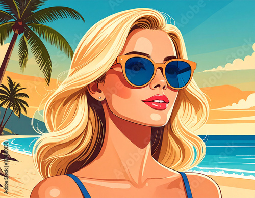 Attractive Woman With Sun Glasses At The Beach, Retro Pop Art Style. 