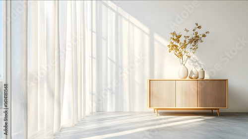 White gauze curtains a window with light and shadow a minimalist interior design style a bright white wall floortoceiling windows a wooden sideboard cabinet on the