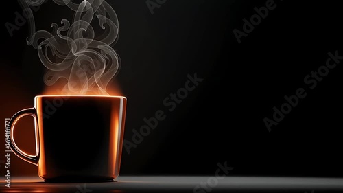 Black coffee cup with steam rising, set against a dark background, creating a warm and inviting atmosphere, perfect for cozy moments and relaxation