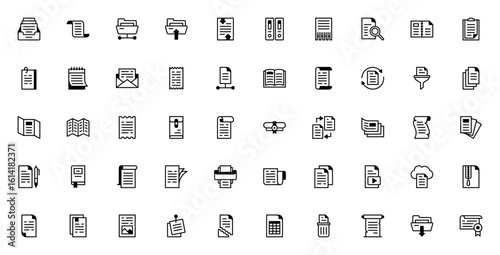 Document and paper icon set. Minimalist vector icons pack. Includes drawer, folder, upload, export, archive, shredder, sheet, notebook, file, book, printer and more. Editable stroke.