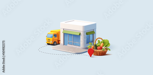 Delivery of fresh vegetables, logistics. 3D store building, truck, basket with vegetables. Fast delivery, location icon. Modern banner. Farm natural products. Vector illustration.