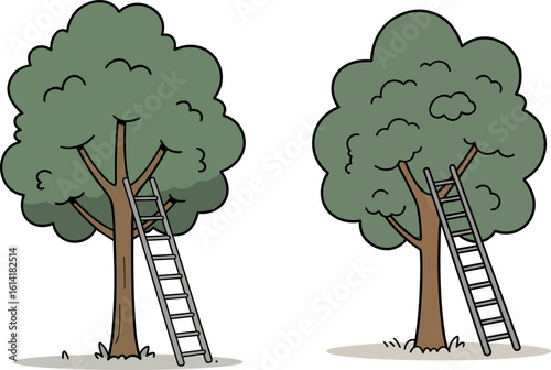 Cartoon trees with ladders beside them in a simple illustration  