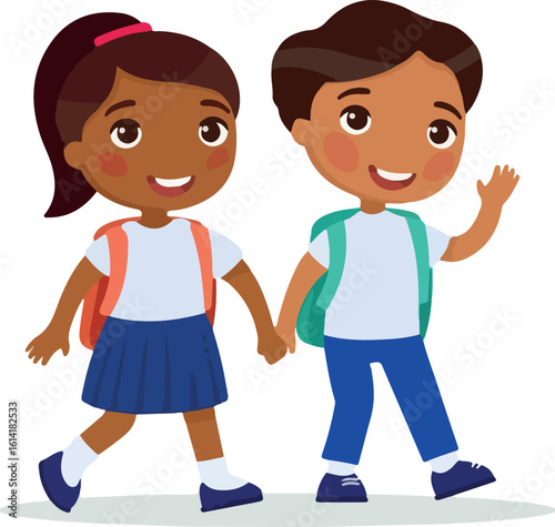 Schoolmates going to school flat vector illustration. Couple pupils in uniform holding hands isolated cartoon characters. Happy elementary dark skin school students with rucksack back to school