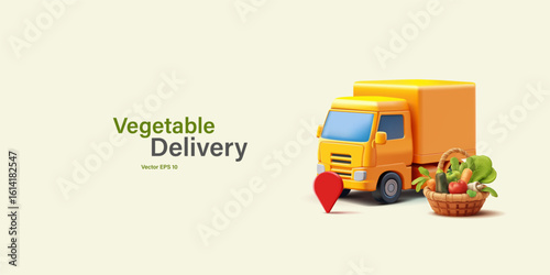 Delivery and logistics of fresh vegetables. 3D yellow truck, wicker basket with fresh vegetables. For advertising concepts of fast delivery of farm vegetables. Vector illustration.