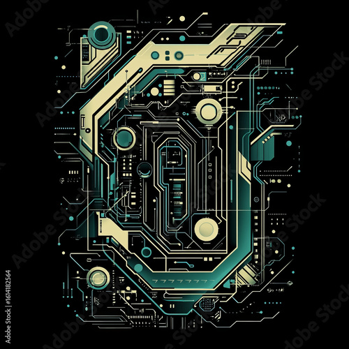 Abstract circuit board print design in teal and gold color scheme  