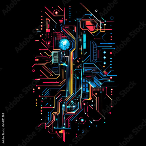 Futuristic circuit board print design with vibrant colors on black background  
