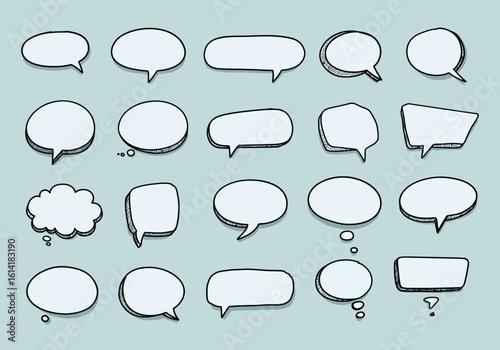 A Collection of Hand Drawn Speech Bubbles in Various Shapes and Sizes on a Light Blue Background Representing Communication and Ideas