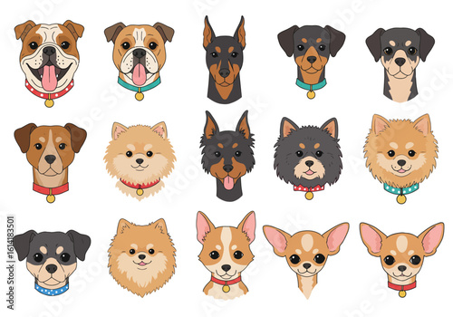 A Charming Collection of Diverse Dog Breed Portraits Showcasing Unique Facial Features and Expressive Eyes in a Vibrant Artistic Style