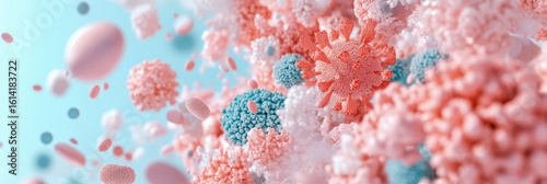 Abstract depiction of microscopic viral and cellular elements in a biological environment, illustrating health and disease concepts.