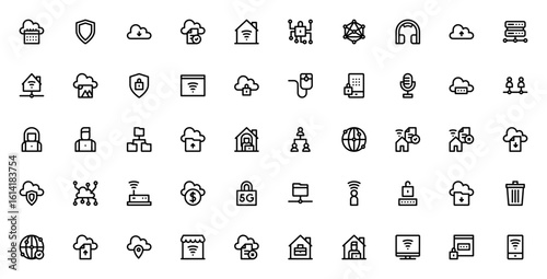 Networking_5578 icon set. Modern vector icons pack. Includes calendar, shield, download, file, smart home, network, security, 5G, router, user and more. Editable stroke.