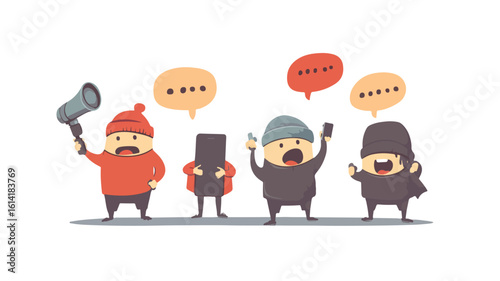 Protester characters on mobile phone illustration