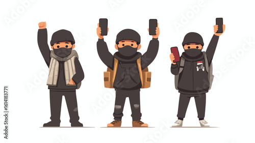 Protester Characters Wearing Mask on Mobile