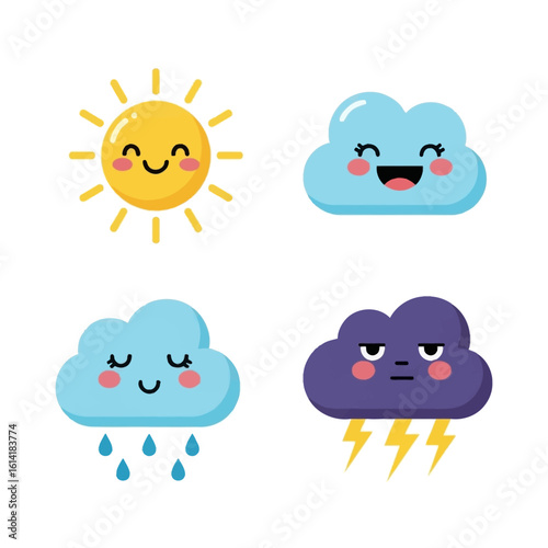 Weather icons with adorable cartoon characters showing happiness sadness and anger during different weather conditions