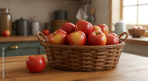 Basket of Honeycrisp Apples on Rustic Kitchen Countertop with Warm Light