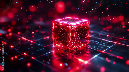 A glowing red digital cube representing quantum computing and data transfer on a futuristic circuit board, an abstract concept for technology presentations.