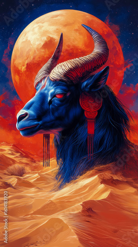 A striking mythical blue ram with impressive horns and piercing red eyes surveys a boundless golden desert, bathed in the ethereal glow of a colossal red celestial orb, a cosmic dreamscape concept fo