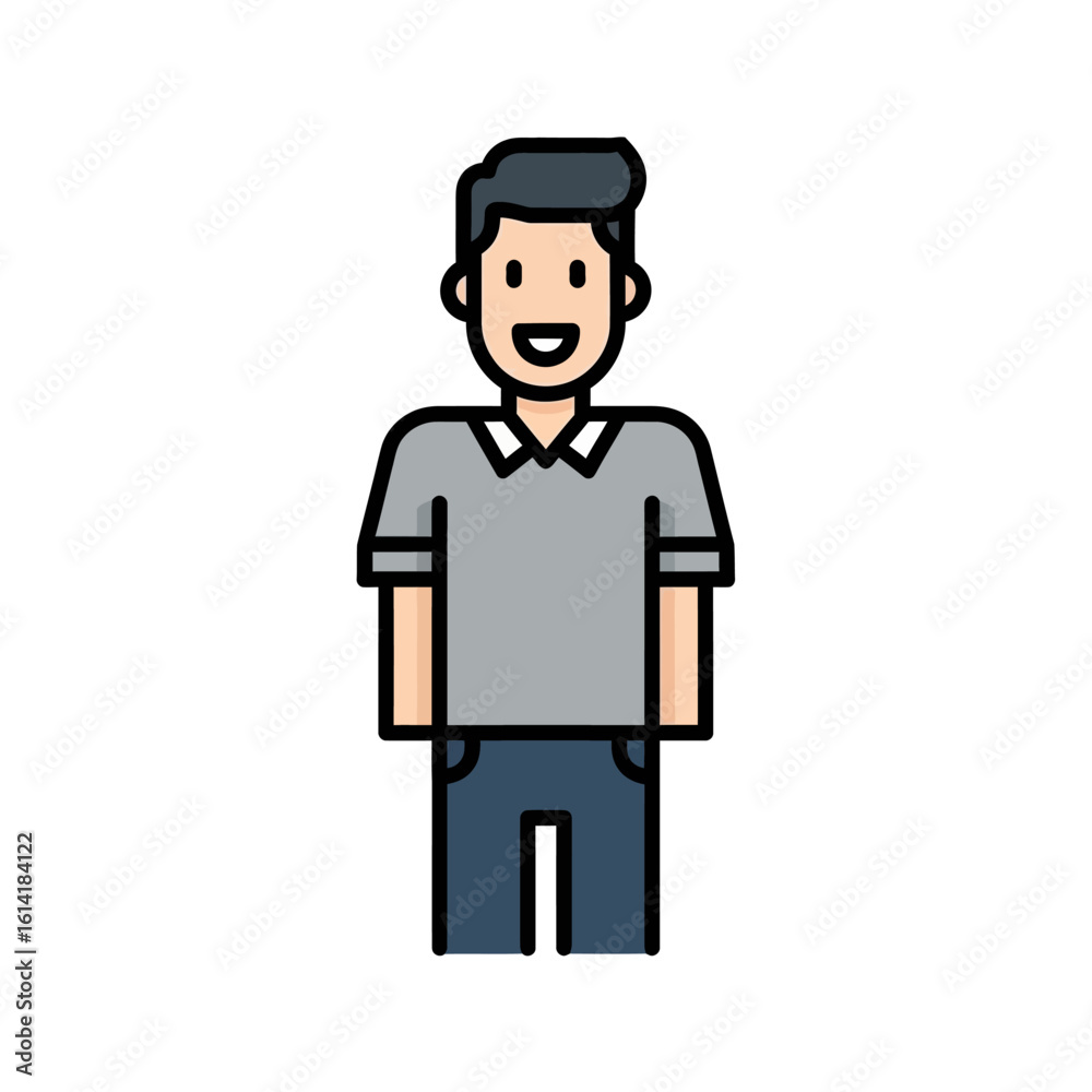 Cartoon illustration of a smiling man with short dark hair wearing a grey shirt and blue pants, standing upright. Cartoon illustration of a smiling man with short dark hair wearing a grey shirt and blue pants, standing upright.