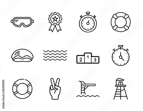 Minimalist swimming icon set with pool, goggles, stopwatch, medal, swim cap, diving board, water waves, and swim lanes for clean vector designs