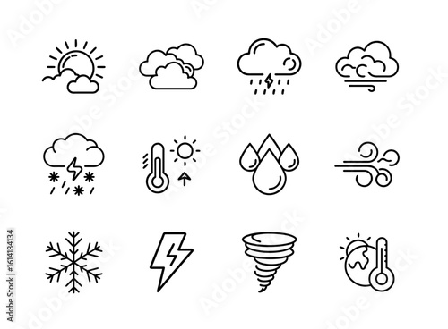 Minimalist icon set of weather and natural disasters including rain, snow, tornado, earthquake, flood, volcano, and wind in clean modern line design