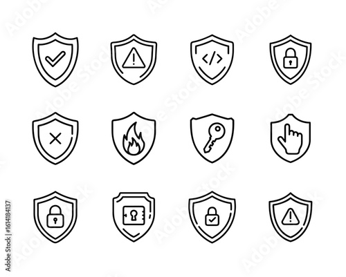 Minimalist security shield icon set with lock, alert, checkmark, bug, key, and privacy elements in black outline vector style for cybersecurity design