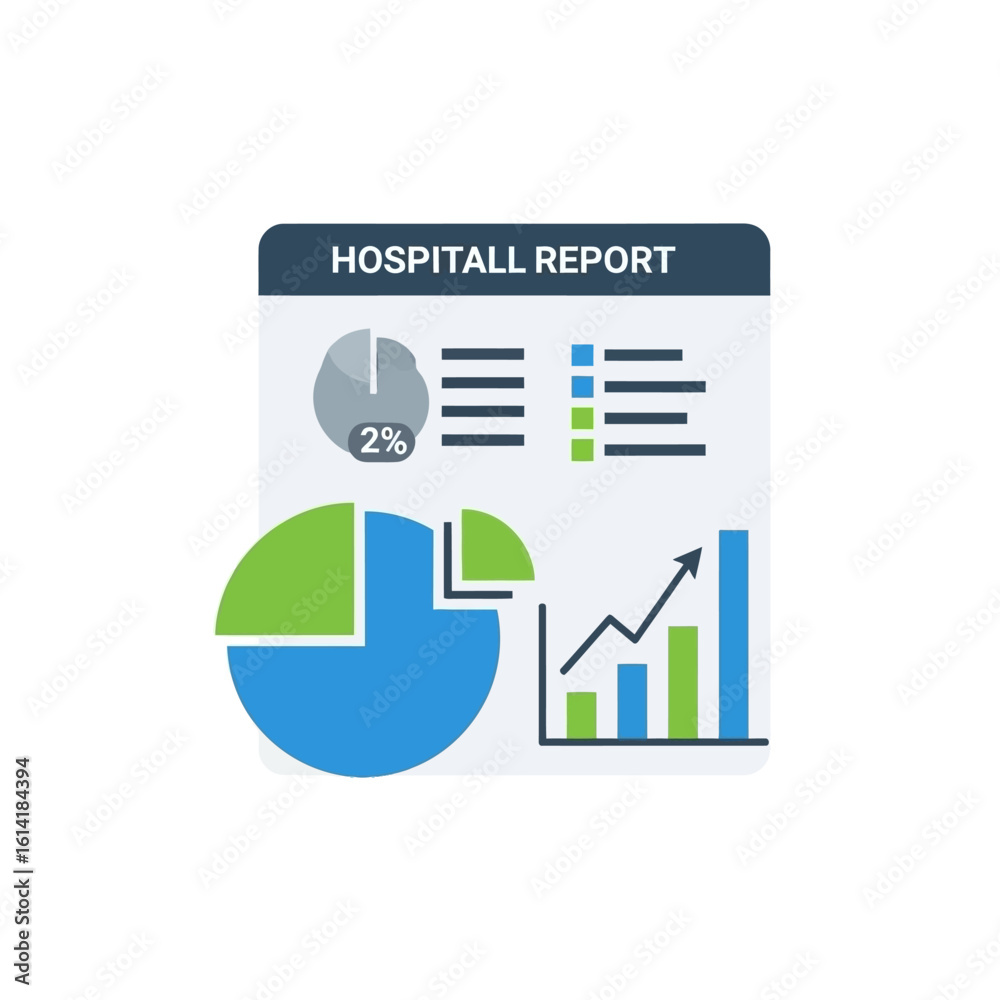 Illustration of a hospital report showing data with pie charts, bar graphs, and a checklist on a white background. Illustration of a hospital report showing data with pie charts, bar graphs, and a checklist on a white background.